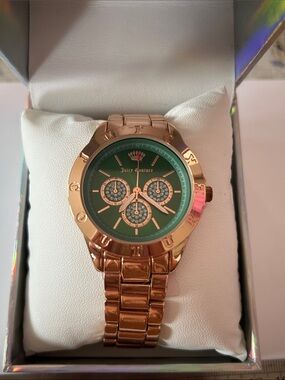 Juicy Couture Stainless Steel Gold Wrist Watch Green Face & Rhinestones UNTESTED